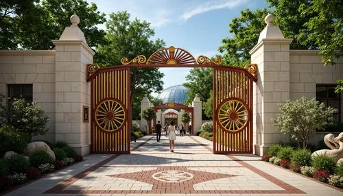 Vibrant zoo entrance, ornate metal gates, Art Deco patterns, bold geometric shapes, luxurious marble floors, intricate mosaics, exotic animal sculptures, lush greenery, tropical plants, natural stone 