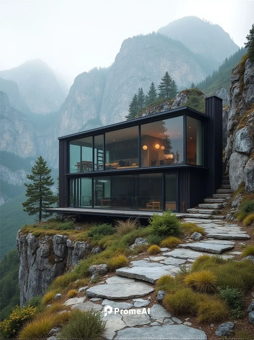 a modernist building of modern steel and glass in the mountains,surrounding by natural vegetation and a rough rocky surface,a house with lots of windows sitting on top of a hill,house in mountains,hou