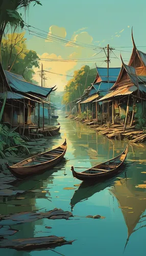 fishing village,floating market,floating huts,vietnam,hanoi,southeast asia,backwater,mekong,vietnam's,boat landscape,viet nam,backwaters,teal blue asia,river landscape,oriental,vietnam vnd,asian architecture,fishing float,world digital painting,rice fields,Conceptual Art,Fantasy,Fantasy 08