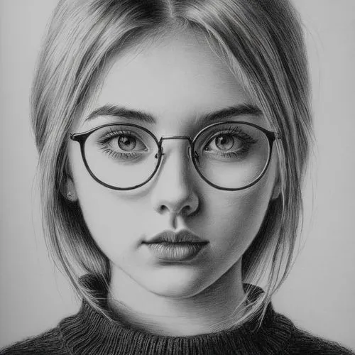 女生，黑白，素描，黑色毛衣,a drawing of a young woman wearing glasses,girl portrait,pencil art,girl drawing,pencil drawings,pencil drawing,olsen,Illustration,Black and White,Black and White 35