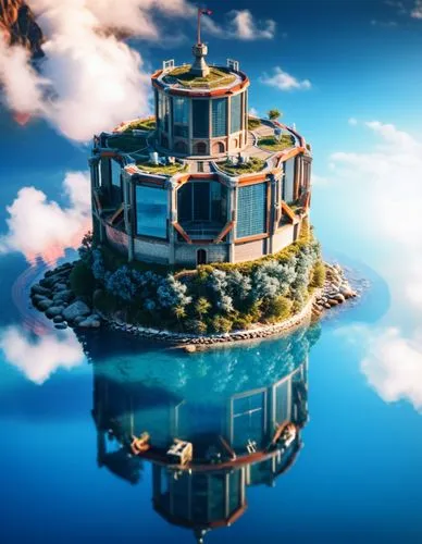 a surreal building in the air with water in it,floating island,floating islands,flying island,island suspended,cloudmont,artificial islands,Photography,General,Realistic