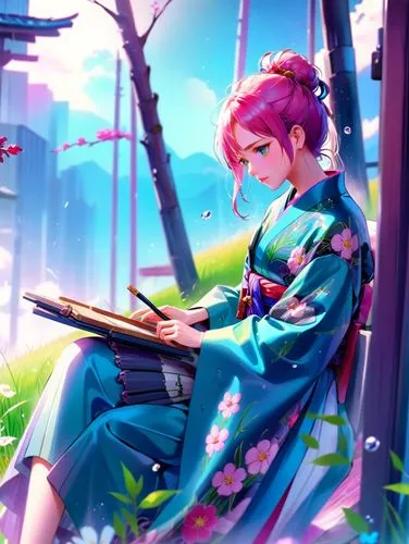 girl studying,yukata,tanabata,kimono,komachi,nadeshiko,japanese sakura background,hakama,little girl reading,reading,hanami,satori,girl in the garden,hanbok,kimonos,the cherry blossoms,sakura background,noyori,girl with tree,serene