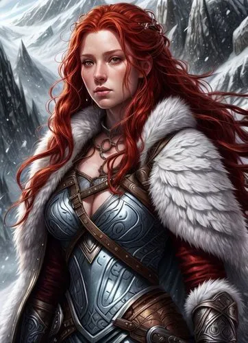 female warrior,dwarf sundheim,fantasy portrait,the snow queen,winterblueher,ice queen,heroic fantasy,eufiliya,celtic queen,fantasy woman,elaeis,merida,red-haired,fantasy art,fantasy picture,samara,jaya,warrior woman,suit of the snow maiden,eternal snow