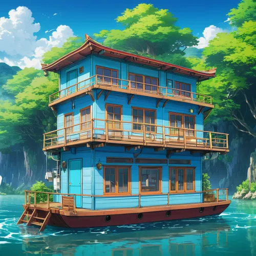 houseboat,floating huts,floating restaurant,floating island,house by the water,floating islands,studio ghibli,fishing float,house of the sea,floating on the river,boat landscape,house with lake,stilt houses,aqua studio,flying island,picnic boat,stilt house,floating stage,dragon boat,floating over lake,Illustration,Japanese style,Japanese Style 03