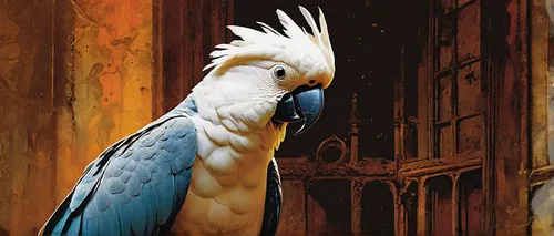 Create a spooky tale involving a Moluccan cockatoo in an abandoned mansion at midnight.,puy du fou,hedwig,gryphon,egyptian vulture,king vulture,parrots,birds of prey-night,blue and gold macaw,bird bir