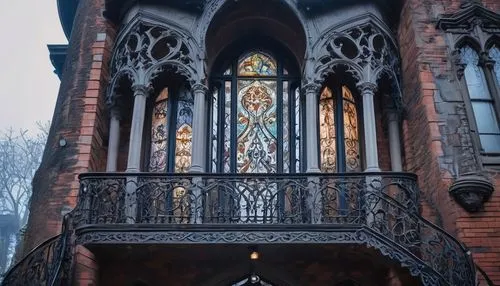 Victorian mansion, widow's walk, iron lacework, intricate stone carvings, grandeur entrance, stained glass windows, Gothic Revival style, narrow spiral staircase, ornate balcony, mysterious atmosphere