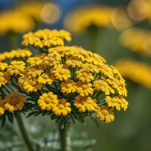 tansy macro shot,a group of yellow flowers sitting on top of a lush green field,tanacetum,tansy,ragwort,solidago,yellow flowers,achillea,Photography,General,Commercial