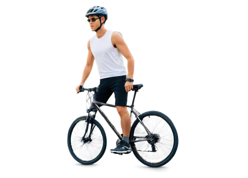 Young man, athletic build, cycling pose, sporty helmet, sunglasses, messy short hair, sweat on forehead, white sleeveless shirt, black shorts, sneakers, mountain bike, alloy wheels, shiny metal frame,