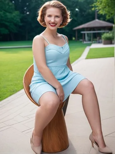 A self-confident woman smiles at the camera,a woman wearing a blue dress sitting on top of a wooden chair,maureen o'hara - female,pin-up model,retro pin up girl,pin-up girl,shashkova,retro woman,Photo