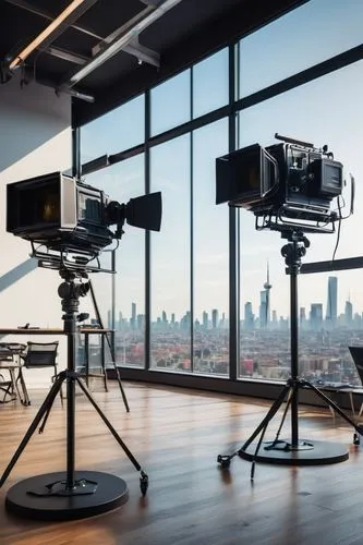 Modern TV studio set, sleek minimalist architecture, glass walls, steel beams, polished wooden floors, professional lighting rigs, cameras on dollies, directors chair, script stands, boom microphones,