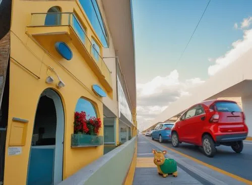 La imagen representa un CERDO en medio de la cera comiendo pasto al lado unos edificios el primero con arbustos en la ventana y balcones encima y al lado derecho carros en la autopista,there are cars 