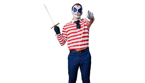 Majora's Labia, mask-like face paint, white and red striped shirt, black tie, blue pants, golden belt buckle, holding a sword, standing heroically, dynamic pose, dramatic lighting, high contrast, cine