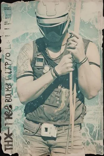 Color the drawing in post-apocalyptic, cyberpunk, vaporwave style,a man in uniform and mask holding up a baseball bat,vbss,cd cover,catcher,mgo,cargo,cqb,Photography,Documentary Photography,Documentar