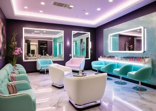 Modern nail salon interior design, luxurious ambiance, sleek lines, minimalist decor, white marble floors, LED lighted walls, glass tables, velvet sofas, chrome accents, geometric patterns, nail polis