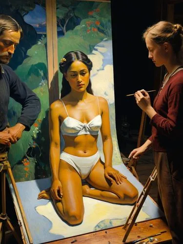 A model is being prepared by Paul Gauguin for the next painting.,an artist and his girlfriend looking at a painting that appears to be being painted,tretchikoff,yasumasa,vettriano,glass painting,paint