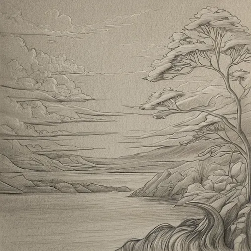 landscape with sea,edward lear,coastal landscape,cool woodblock images,an island far away landscape,the japanese tree,pine-tree,japanese wave paper,pencil and paper,sea landscape,trees with stitching,