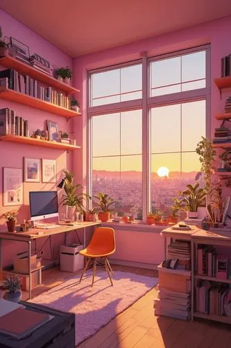 a lo-fi pixel art scene of an artist's studio with large windows overlooking the Tel avivcity, bathed in warm pink and orange hues during sunset. The room is filled with various painting supplies and 