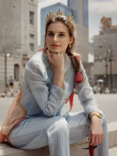 a woman with long brown hair and bright brown eyes stands in the middle of a bustling city street, gazing out at the skyscrapers. She wears a red gown and a pair of black shoes, and a crown made of go