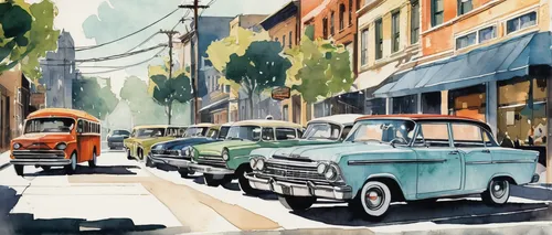 1955 montclair,aronde,watercolor shops,vintage cars,morris minor,fiat 600,old cars,morris minor 1000,vintage illustration,austin cambridge,austin 1800,watercolor painting,austin 16,american classic cars,watercolor,watercolor background,vintage drawing,palo alto,1950s,classic cars,Illustration,American Style,American Style 09