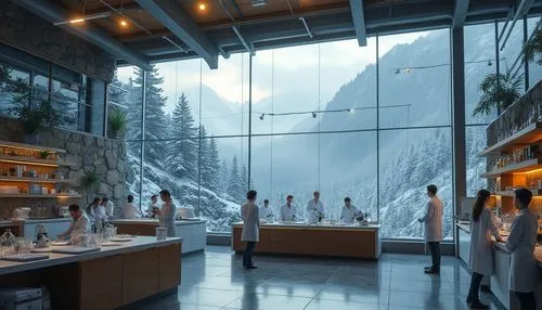 Mountainous laboratory, modern architecture, steel framework, large glass windows, snow-covered roof, surrounded by tall pine trees, misty fog rolling in, rugged stone exterior walls, warm interior li