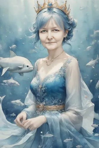 ice queen,the snow queen,tymoshenko,undine,queenfish,galadriel,blue enchantress,the sea maid,margairaz,fairy queen,yellen,delenn,varda,girl with a dolphin,winterblueher,sokurov,aquarius,god of the sea,white rose snow queen,mer,Digital Art,Watercolor