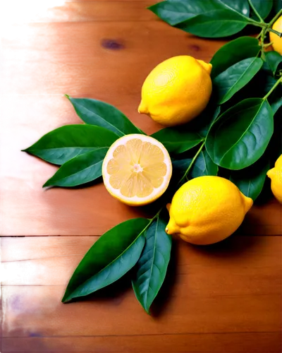 Lemons, still life, yellow skin, juicy pulp, green leaves, wooden table, natural light, shallow depth of field, warm color tone, 3/4 composition, soft focus, realistic texture, detailed wrinkles.,a gr