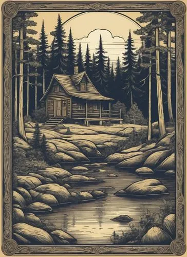 西部乡村木屋森林复古元素矢量图,the cabin, surrounded by trees is on display in this art decoal panel,cool woodblock images,woodring,log cabin,cottage,lodge,summer cottage,Illustration,Retro,Retro 11