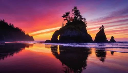 Describe the serene beauty of Ruby Beach at sunset.,ruby beach,oregon,vancouver island,united states national park,coast sunset,british columbia,pacific coastline,sunrise beach,beautiful beaches,sunse