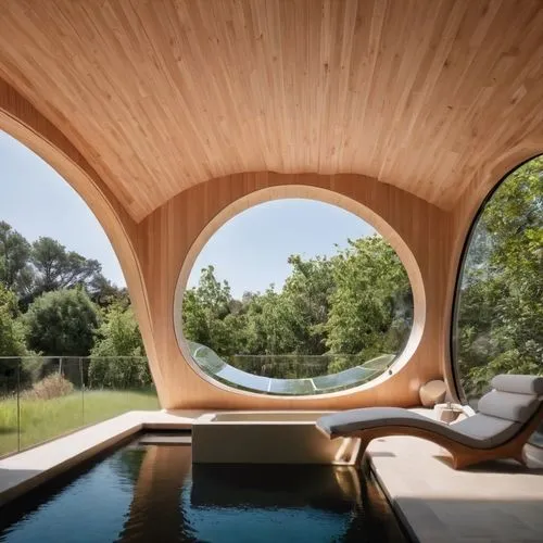 wooden sauna,pool house,wood doghouse,dug-out pool,wood window,archidaily,daybed,cubic house,round house,chaise lounge,summer house,cooling house,round hut,aqua studio,semi circle arch,futuristic architecture,round window,wood mirror,earthship,shappell