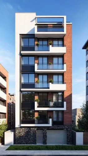 modern and minimalist residential apartment in the city,black and whitw, brick and stone, black stone, white brick, black stone, just black and white,there is a very tall building in front of two buil