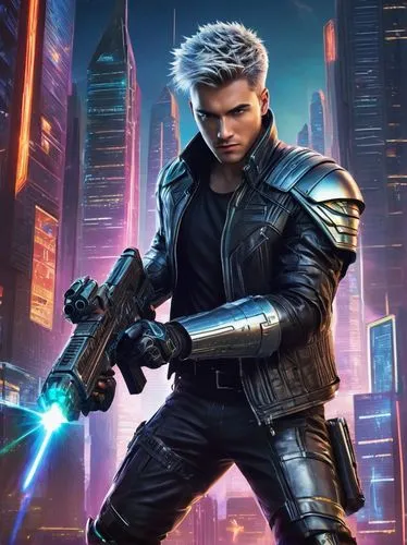 Fantasy sci-fi game cover, futuristic cityscape, neon lights, towering skyscrapers, holographic advertisements, distant spaceship battles, male protagonist, athletic build, short spiky hair, cyberneti