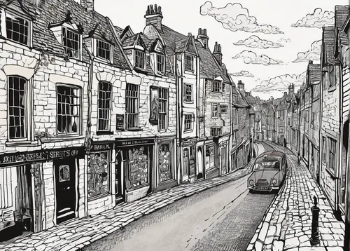 the cobbled streets,cobbles,townscape,medieval street,lovat lane,cobble,cobblestone,cobblestones,houses clipart,york,old street,narrow street,paris clip art,delft,eastgate street chester,row of houses,townhouses,tongeren,honfleur,half-timbered houses,Illustration,Paper based,Paper Based 26