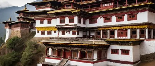 Bhutanese architecture, Dzong style, grand, majestic, intricate wooden carvings, vibrant colors, golden roofs, white walls, red doors, ornate balconies, tiered roofs, Buddhist temple, monastery, Himal