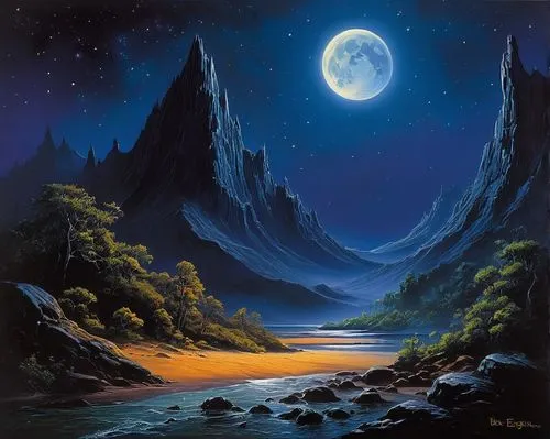 valley of the moon,moonscape,lunar landscape,moon valley,moonlit night,fantasy landscape,mountainous landscape,mountain landscape,mountain scene,blue moon,phase of the moon,moonlit,fantasy picture,night scene,high landscape,blue mountain,landscape background,moon night,moons,mount scenery,Illustration,Realistic Fantasy,Realistic Fantasy 32