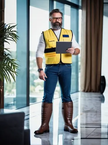 Middle-aged, muscular man, interior design contractor, serious expression, safety glasses, short brown hair, rugged beard, yellow vest, white shirt, dark blue jeans, heavy boots, holding a tablet, sta