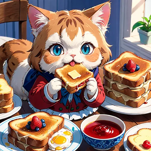 tea party cat,milk toast,french toast,red tabby,kaya toast,spring pancake,cat's cafe,kawaii food,toast,waffles,melba toast,blini,pancake,small pancakes,plate of pancakes,saganaki,dorayaki,toasts,waffle,flan,Anime,Anime,Traditional