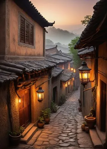 korean folk village,narrow street,hanok,wuzhen,teahouses,asian architecture,goryeo,hutong,qingcheng,lanterns,gion,oriental,suzhou,lijiang,wuyuan,bukchon,medieval street,wooden houses,taechon,south korea,Conceptual Art,Fantasy,Fantasy 16