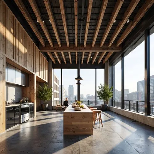 penthouses,loft,wooden beams,associati,concrete ceiling,sky apartment,wooden roof,daylighting,roof landscape,wooden windows,interior modern design,lofts,hardwood floors,modern decor,roof terrace,living room,livingroom,modern kitchen interior,wooden floor,contemporary decor