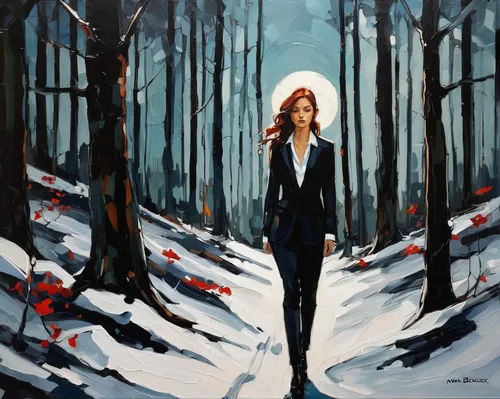 girl with tree,woman walking,girl walking away,winter forest,winter background,suit of the snow maiden,snow scene,winterblueher,oil painting on canvas,the snow queen,forest walk,winter landscape,girl in a long,winter cherry,winter dream,snow trail,heather winter,early winter,in the winter,black forest,Conceptual Art,Oil color,Oil Color 08