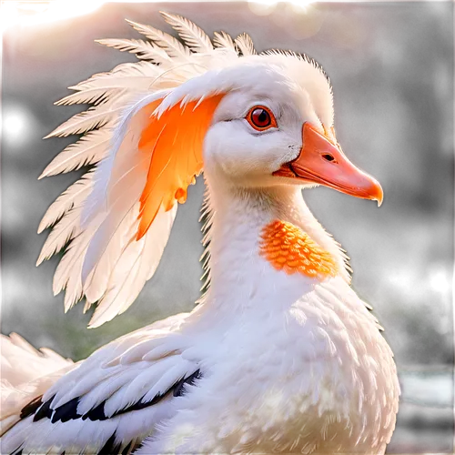 Cockduck, waterbird, white feathers, orange beak, webbed feet, fluffy tail, standing, proud posture, shiny eyes, morning dew, soft sunlight, 3/4 composition, shallow depth of field, warm color tone, c