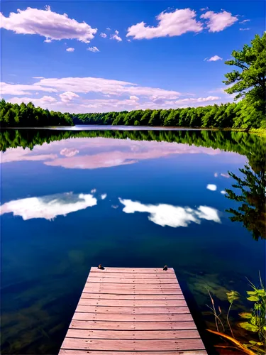 Summer lake background, serene atmosphere, sunny day, blue sky with white clouds, calm water surface, gentle ripples, lush green trees along shoreline, wooden dock, sailboats in distance, soft focus, 