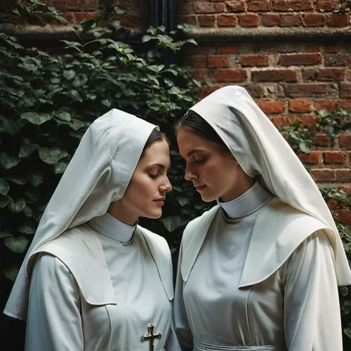 Two nuns in love, longing looks, looking at each other, desire, lesbian attraction, convent garden.,postulants,nuns,novitiate,monjas,womenpriests,handmaidens,nunnery,carmelites,cassocks,ursulines,nuns