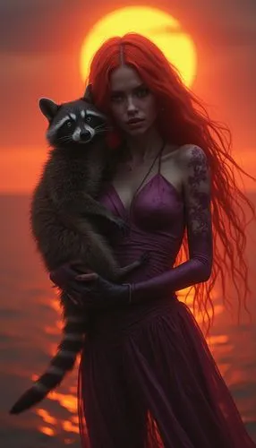 The surreal world where the woman stands against the backdrop of a fiery sunset adds an element of desperation to the scene. A stunningly beautiful woman of long red hair, with the raccoon holding her