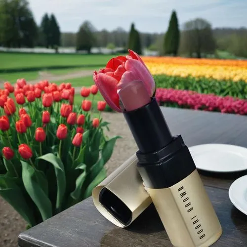 red lipstick and flowers in the background on a table,vineyard tulip,guerlain,keukenhof,tulip festival,lancome,tulp,Small Objects,Outdoor,Tulips