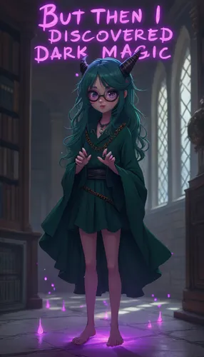 Sparks of purple magic flow across the floor as they are summoned towards a girl.,a cartoon girl is standing in a hall with lights on,merula,librarian,slytherin,pureblood,debt spell,azkaban