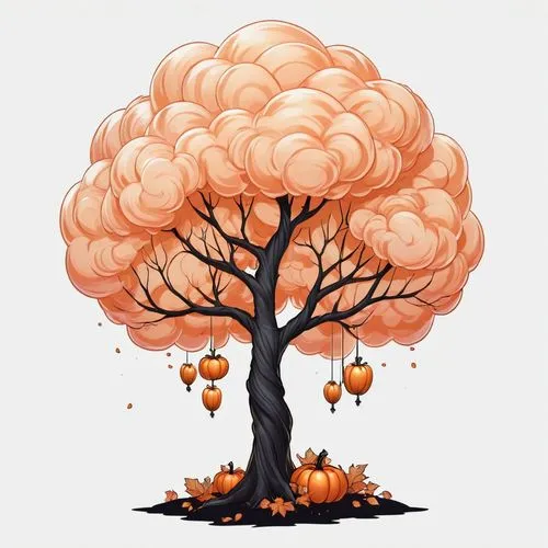 tangerine tree,autumn tree,tree mushroom,flourishing tree,orange tree,windfalls,Illustration,Abstract Fantasy,Abstract Fantasy 11