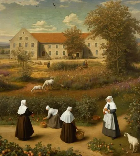 (view from above as in the paintings of Pieter Bruegel, small figures of Catholic nuns in Breton bonnets and kerchiefs, light brown robes and dark brown dresses are picking apples, nearby are small gr