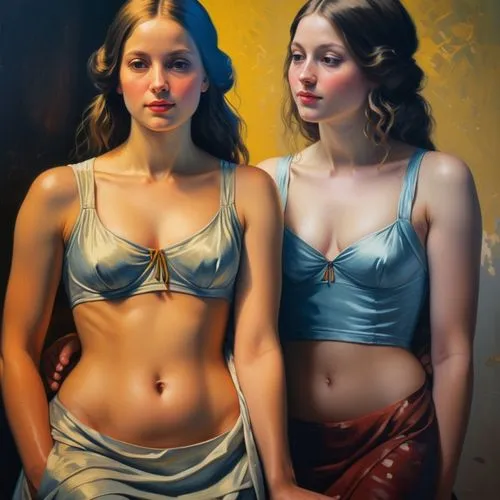 Create a beautiful double portrait from this.,two girls,mirror image,young women,girl with cloth,oil painting,mirror reflection,girl in cloth,retro pin up girls,pin-up girls,oil painting on canvas,you