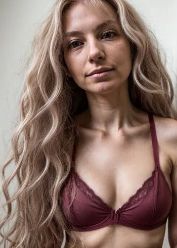 Pale Northern European woman aged about 27 with long wavy blonde hair and two moles on her neck and chin. She wears a comfortable neutral wine-red soft bra.,blonde woman,female model,realdoll,hairy bl