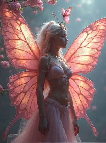 a beautiful butterfly demon with huge wings, a pair of huge wings with hooked pink butterflies on the back of the human body, light-colored patterns, beautiful patterns, swaying flower branches, tynda